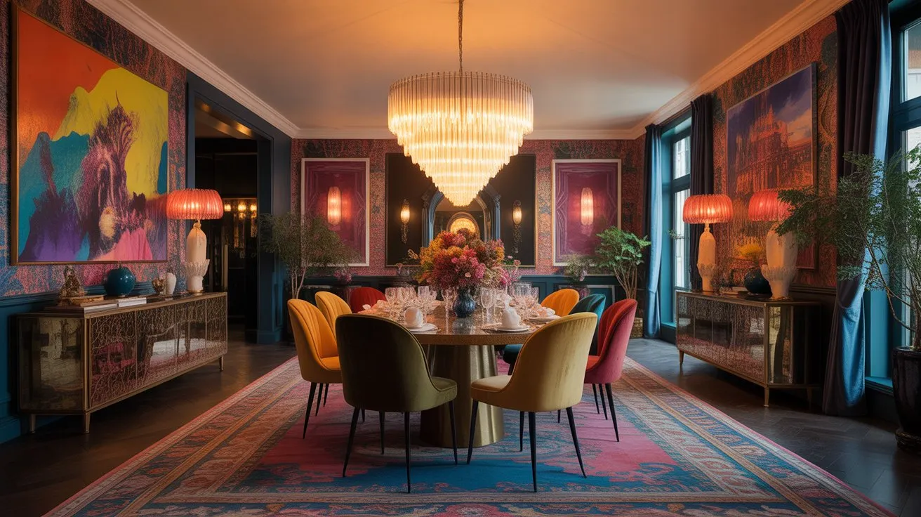 Maximalist dining room ideas featuring bold wallpaper, statement lighting, and layered décor