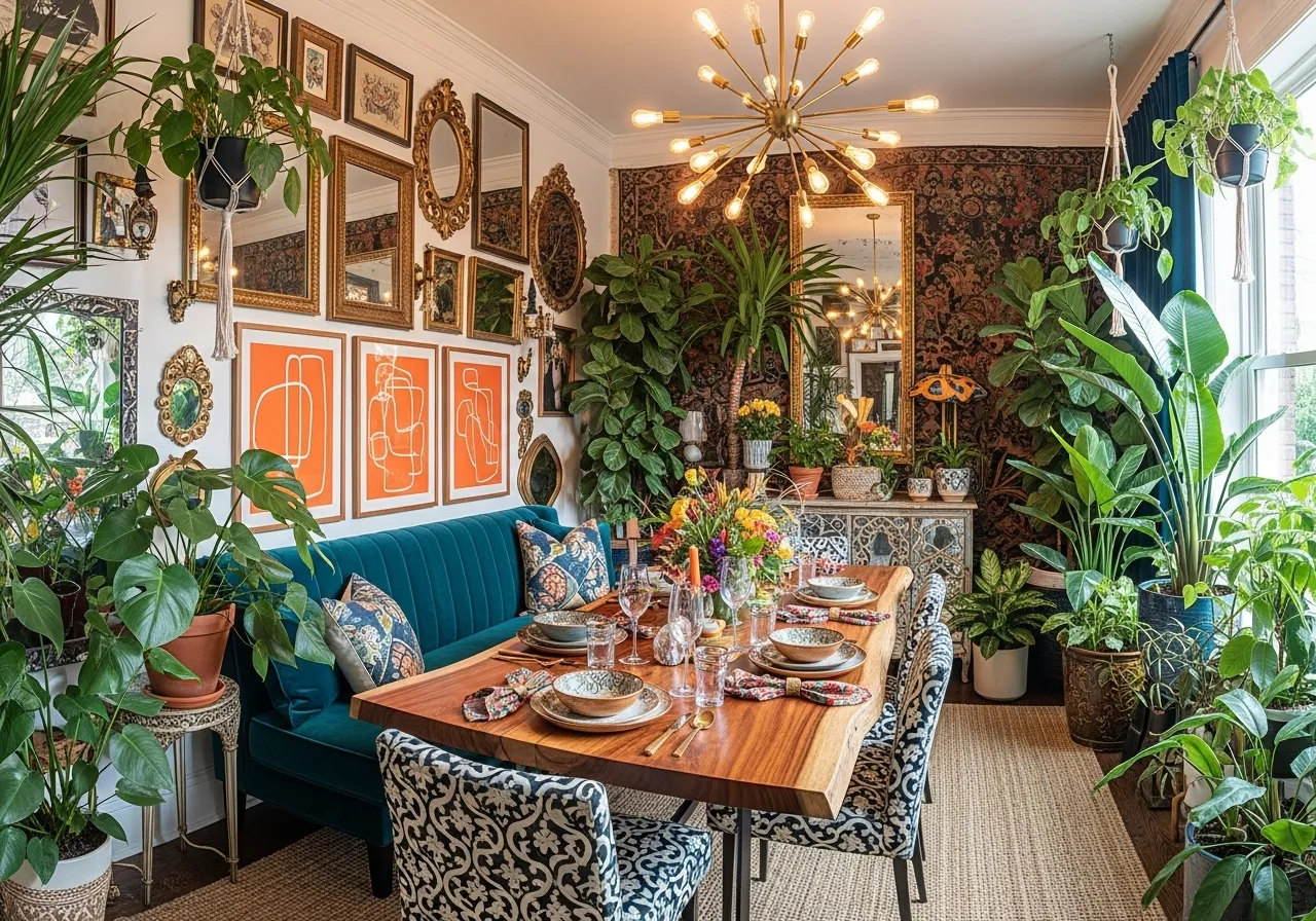 Maximalist dining room ideas using indoor plants for balance