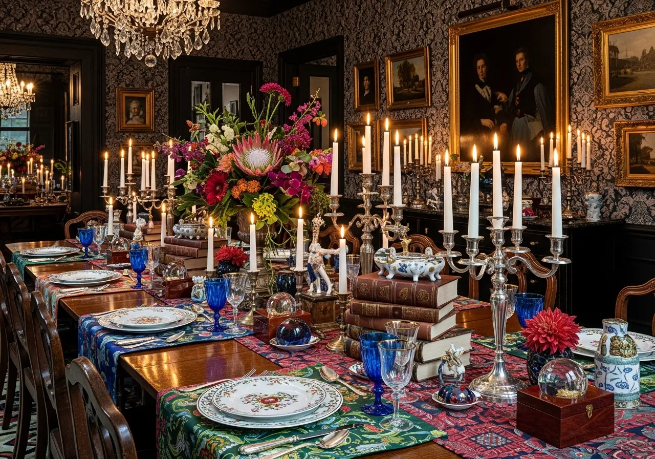 Maximalist dining room ideas with layered table and surface décor