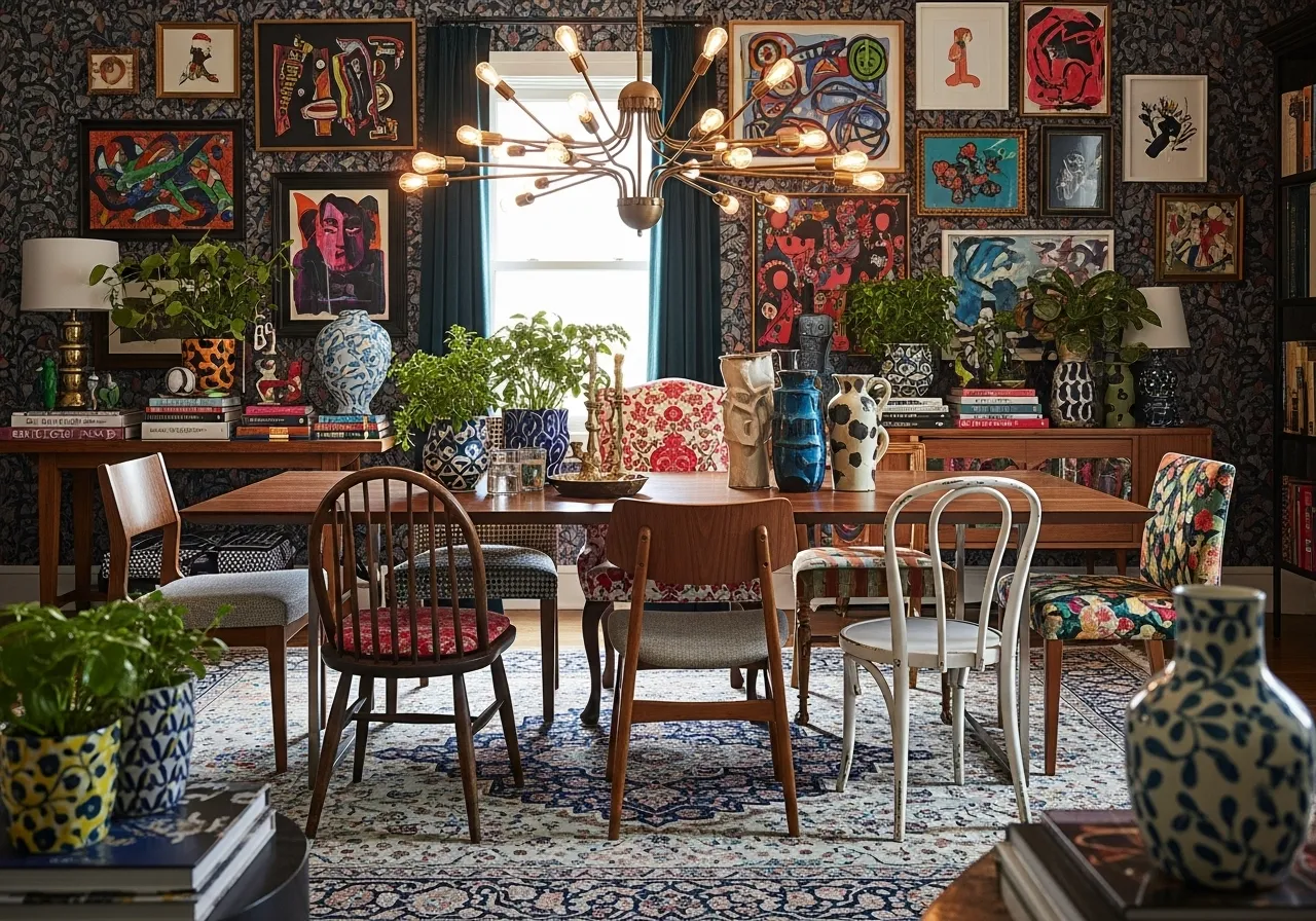 Maximalist dining room ideas with mixed furniture styles and finishes