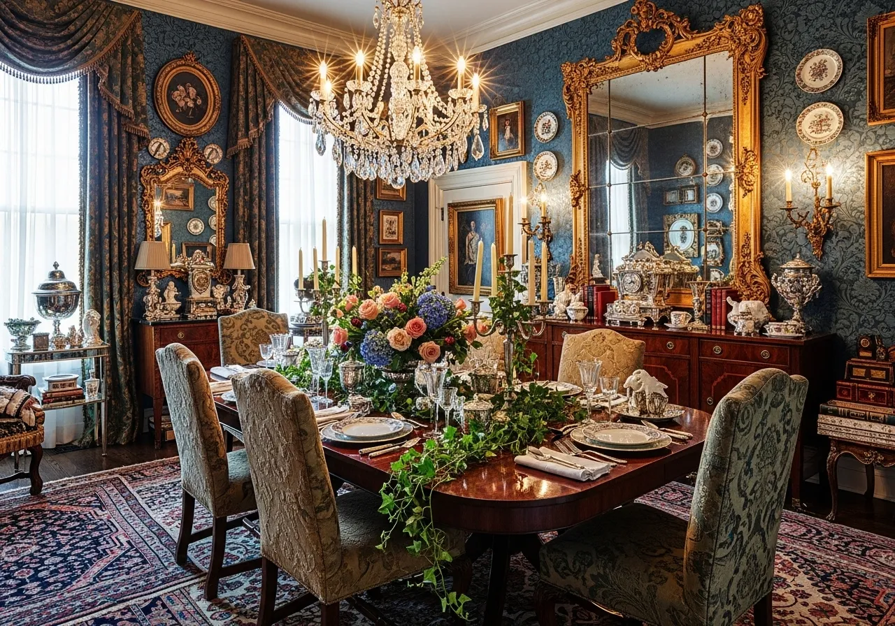 Maximalist dining room ideas with oversized decorative mirror