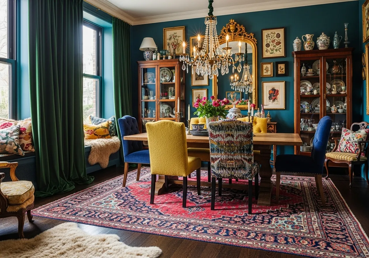 Maximalist dining room ideas with velvet curtains and layered textiles