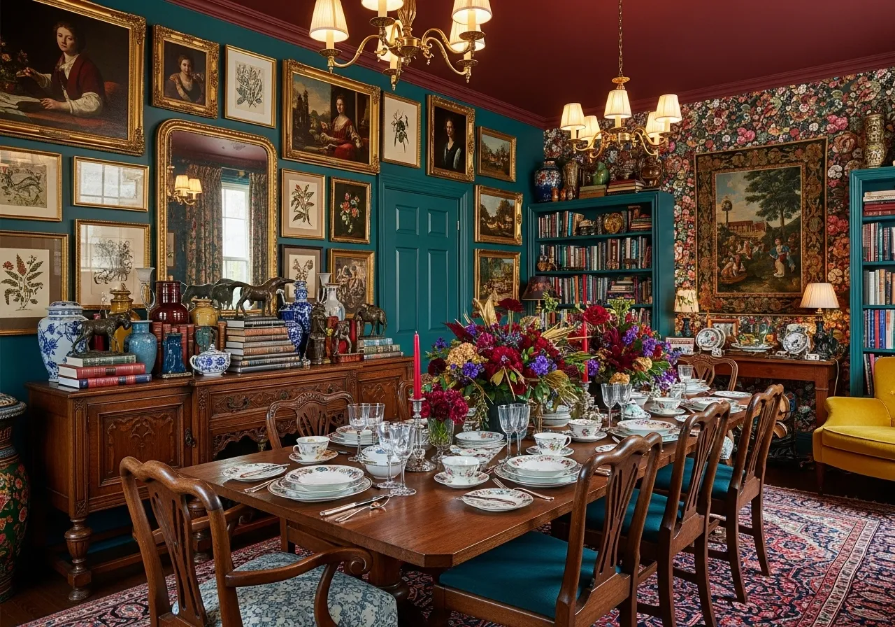 Maximalist dining room ideas featuring statement sideboard or bar cart