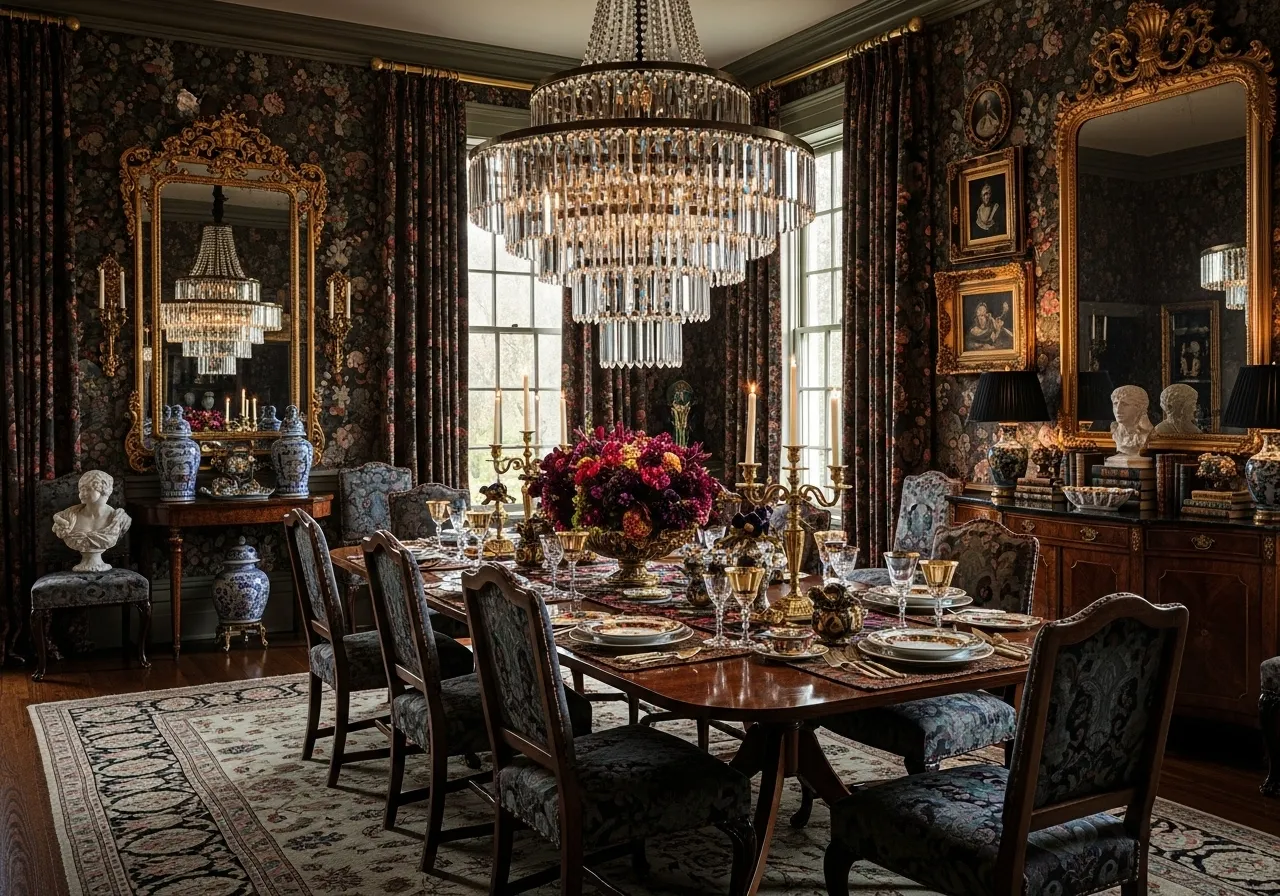 Maximalist dining room ideas with oversized chandelier and dramatic lighting