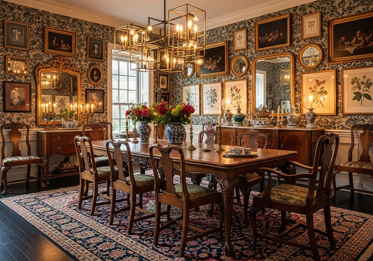 Maximalist dining room ideas with vintage furniture and layered eclectic décor