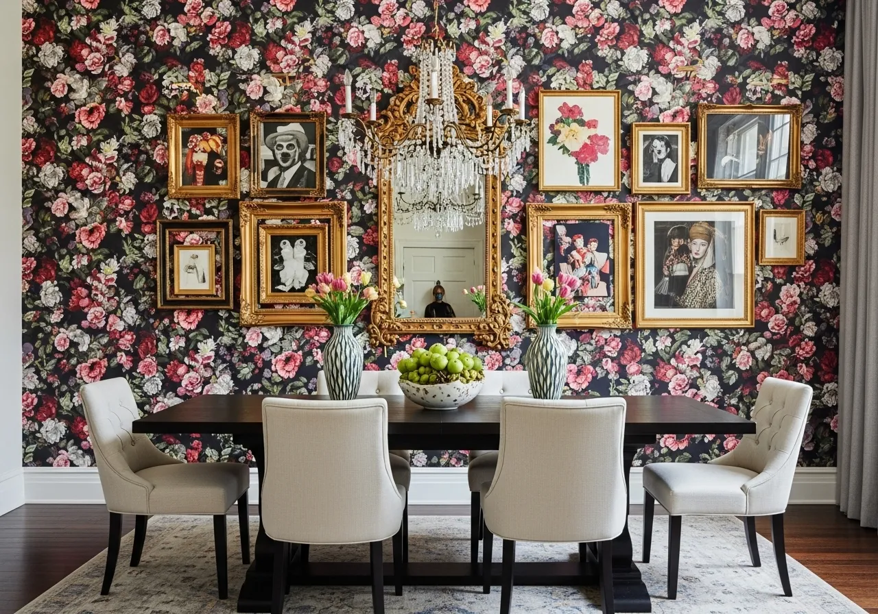 Maximalist dining room ideas using bold patterned wallpaper as a statement