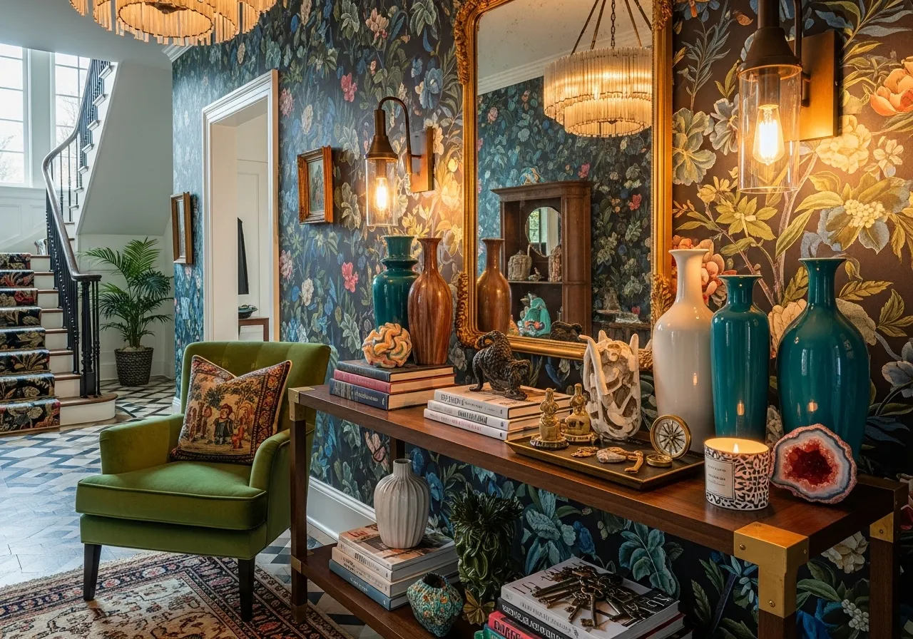 Styled console table with vases and books in a maximalist entryway