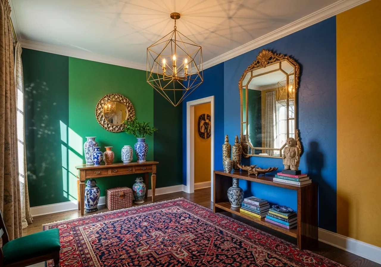 Maximalist entryway with geometric chandelier and vibrant decor