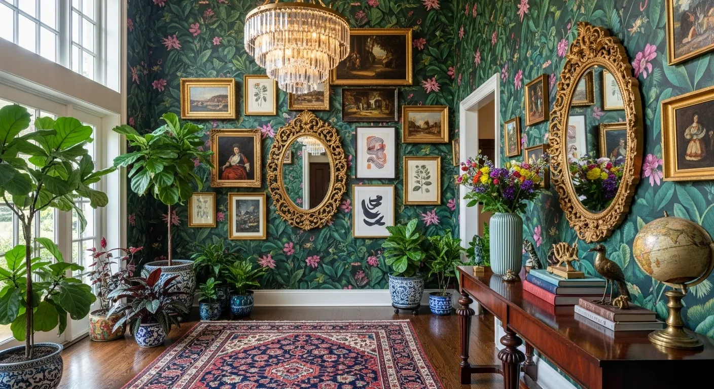 Maximalist entryway with bold wallpaper, statement chandelier, and vibrant decor