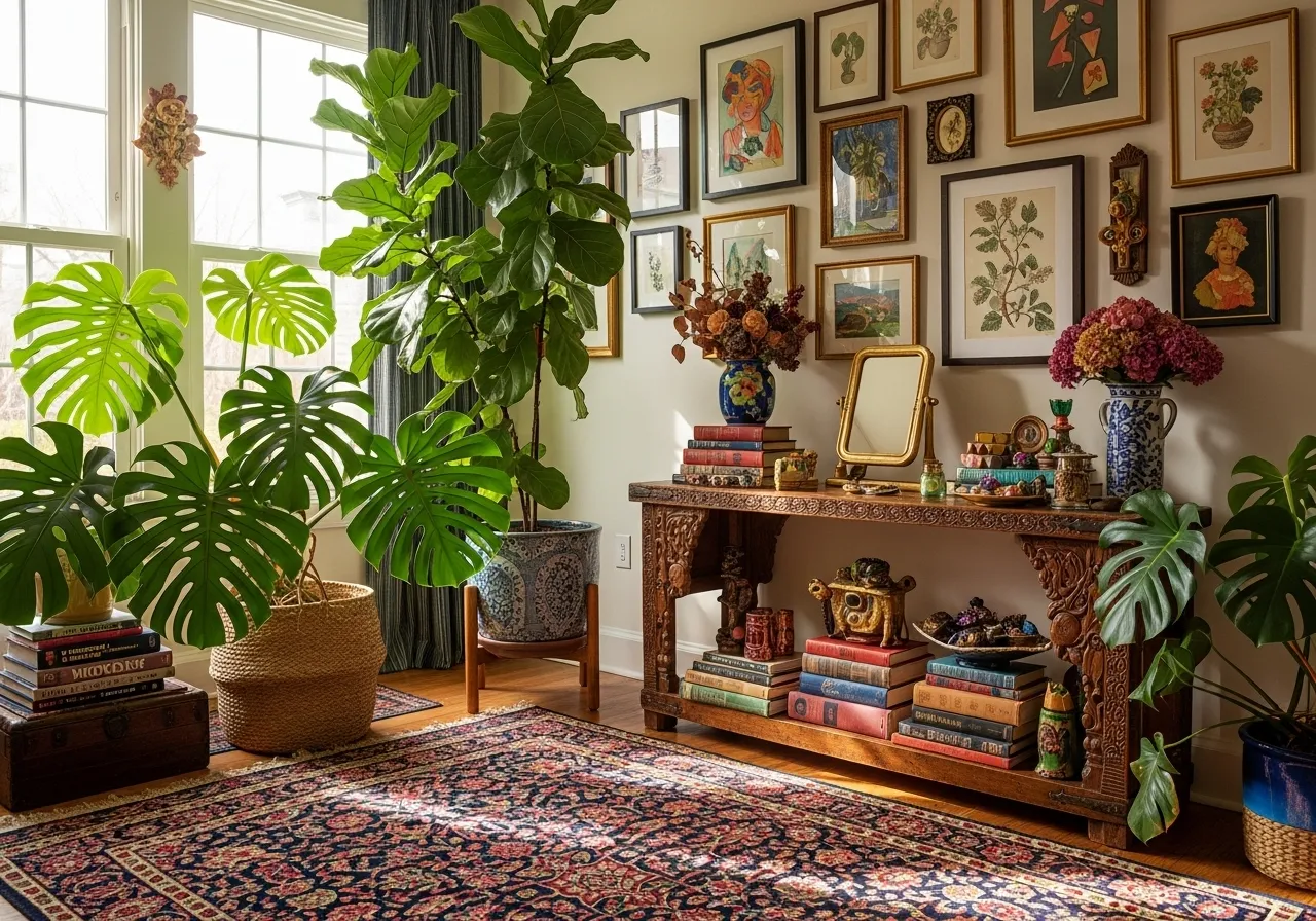 Maximalist entryway decorated with lush houseplants and bold textures