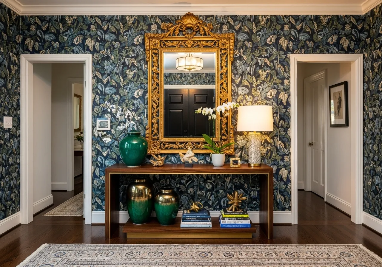Maximalist entryway with oversized gold mirror above a styled console table