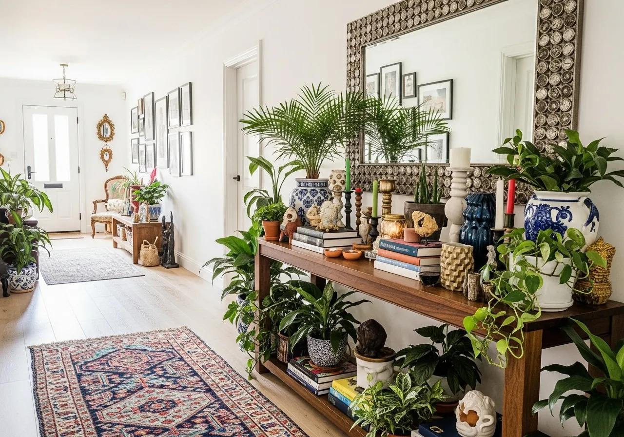 Maximalist entryway with colorful patterned runner rug and decor