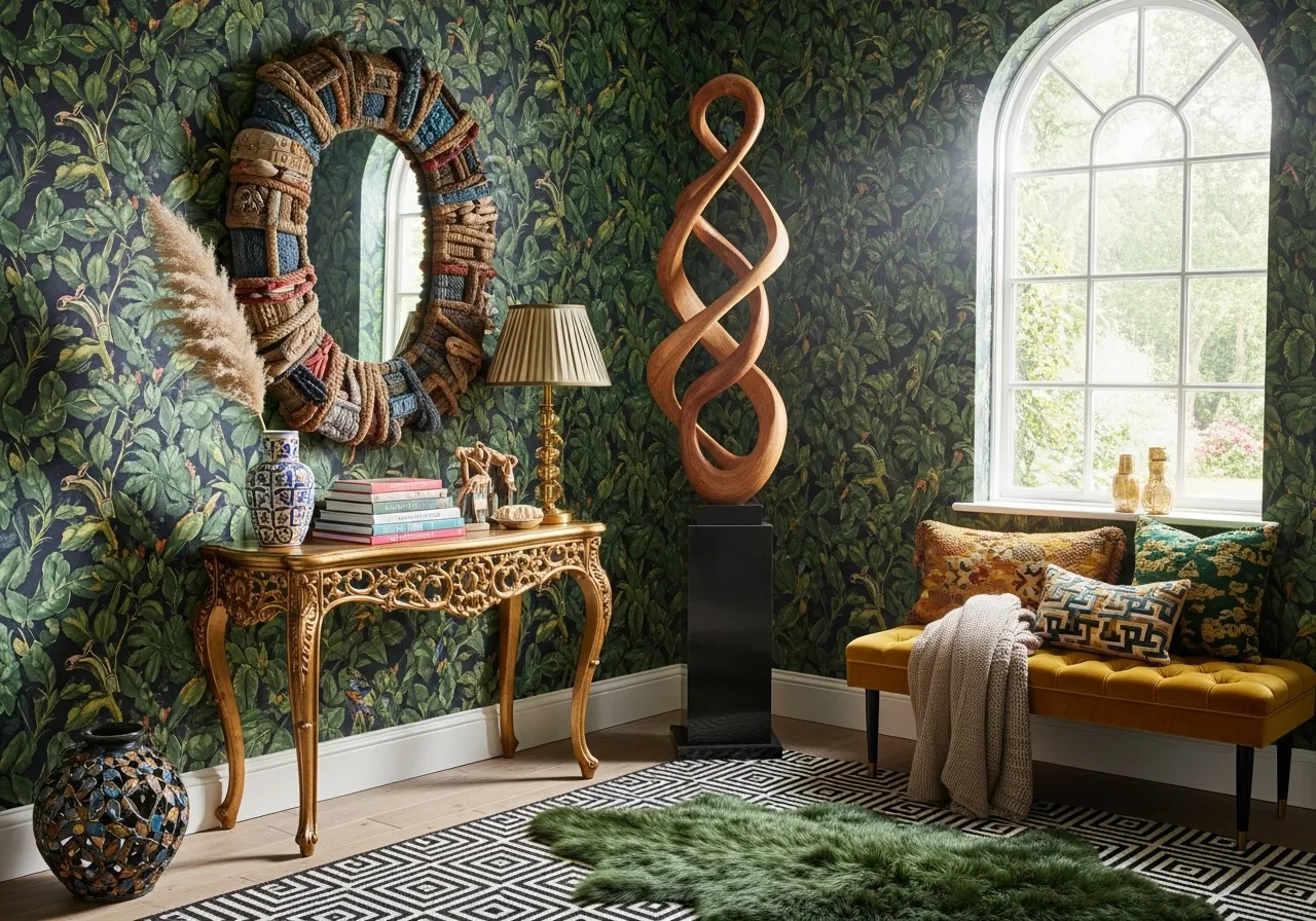 Maximalist entryway with quirky sculptural accent and patterned walls
