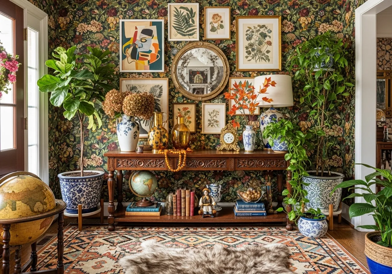 Maximalist entryway with seasonal decor and layered maximalist styling
