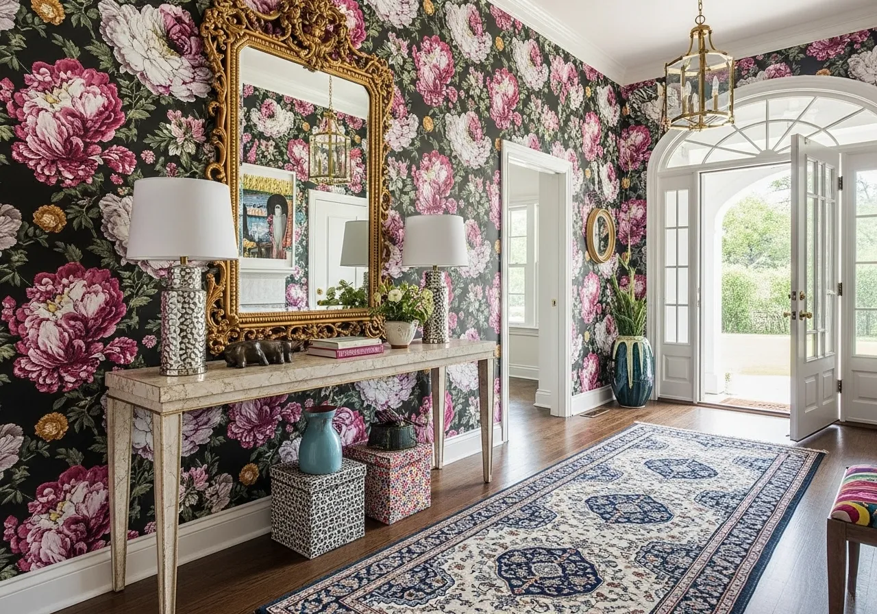 Entryway featuring bold floral wallpaper with console table and mirror