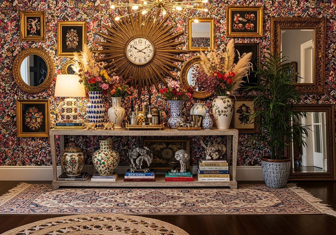 Maximalist entryway with decorative wall clock and bold decor