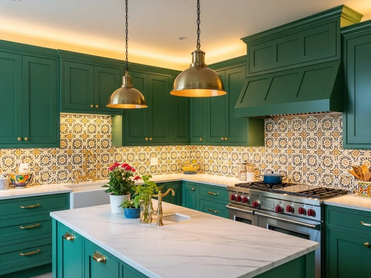A colorful kitchen with emerald cabinets showcasing maximalist kitchen ideas