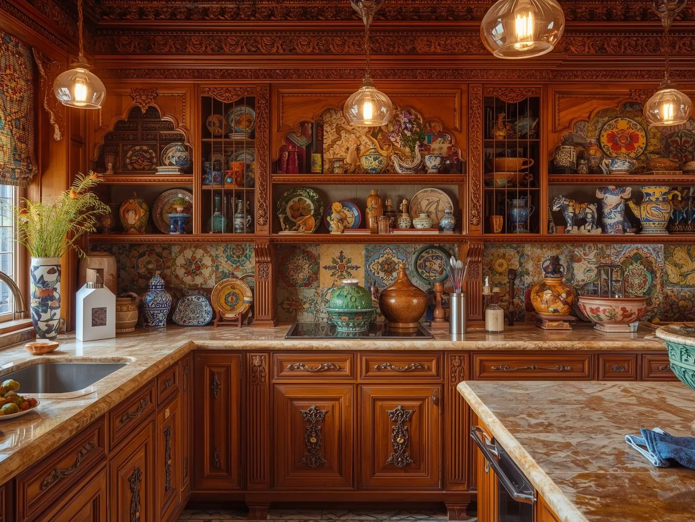 A textured space showcasing layered maximalist kitchen