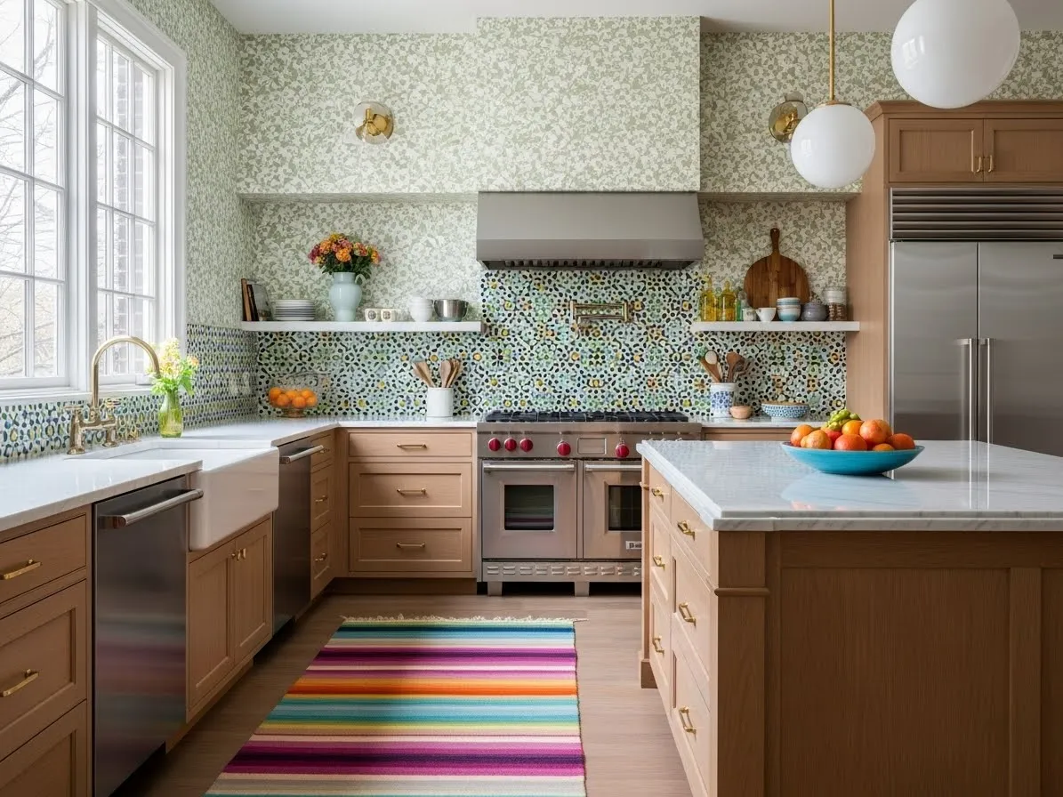 A patterned kitchen wall highlighting maximalist kitchen ideas with layered designs