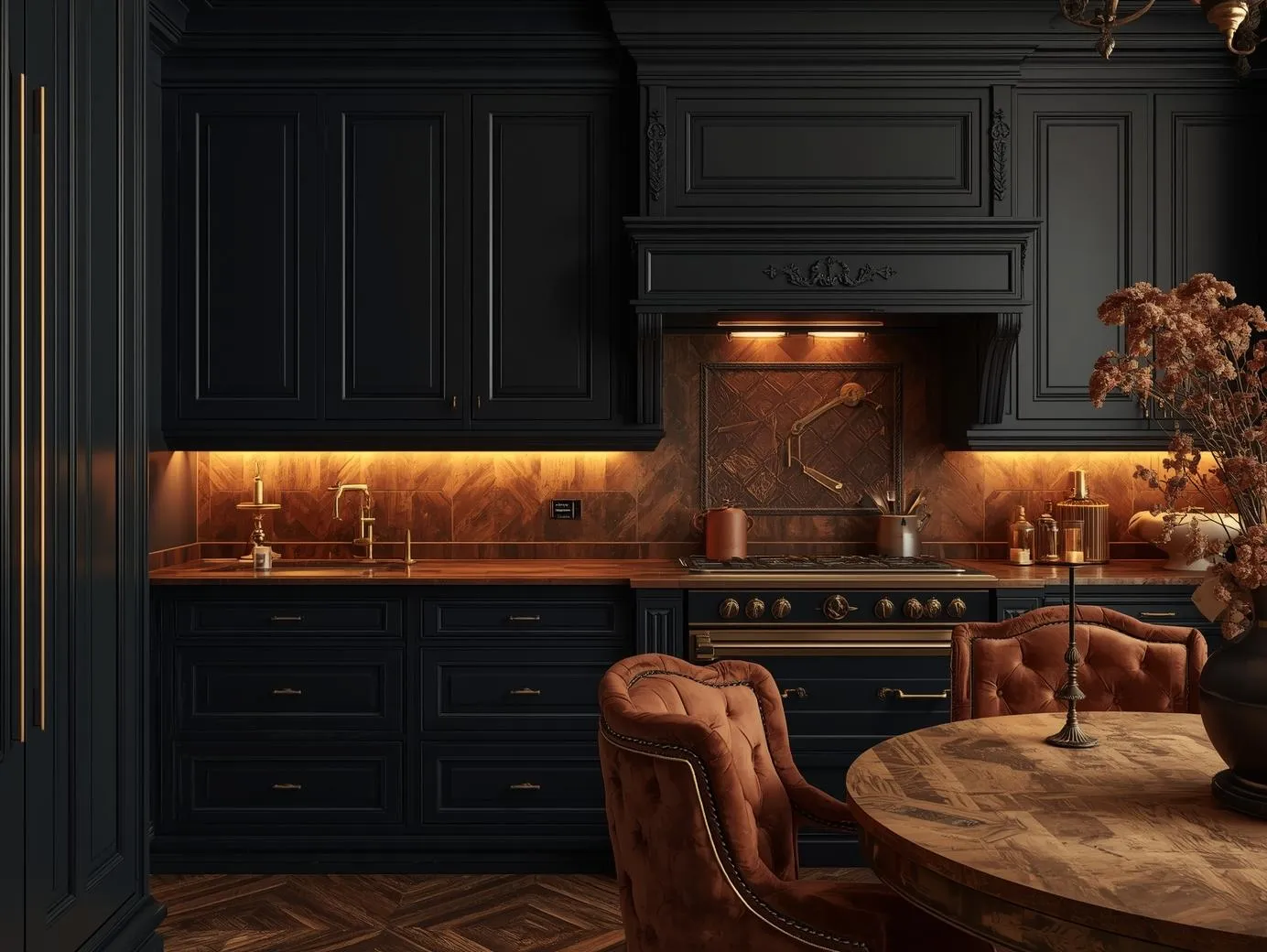  A dark-toned space representing moody maximalist kitchen ideas