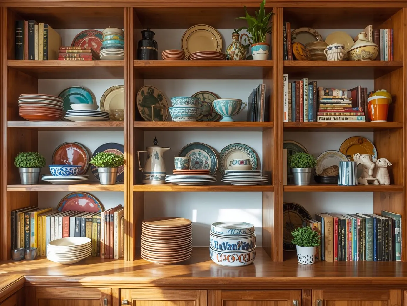 Open shelves styled with decor in a maximalist kitchen ideas setup