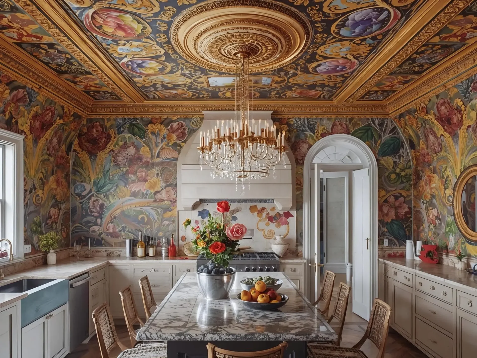A statement ceiling highlighting creative maximalist kitchen ideas