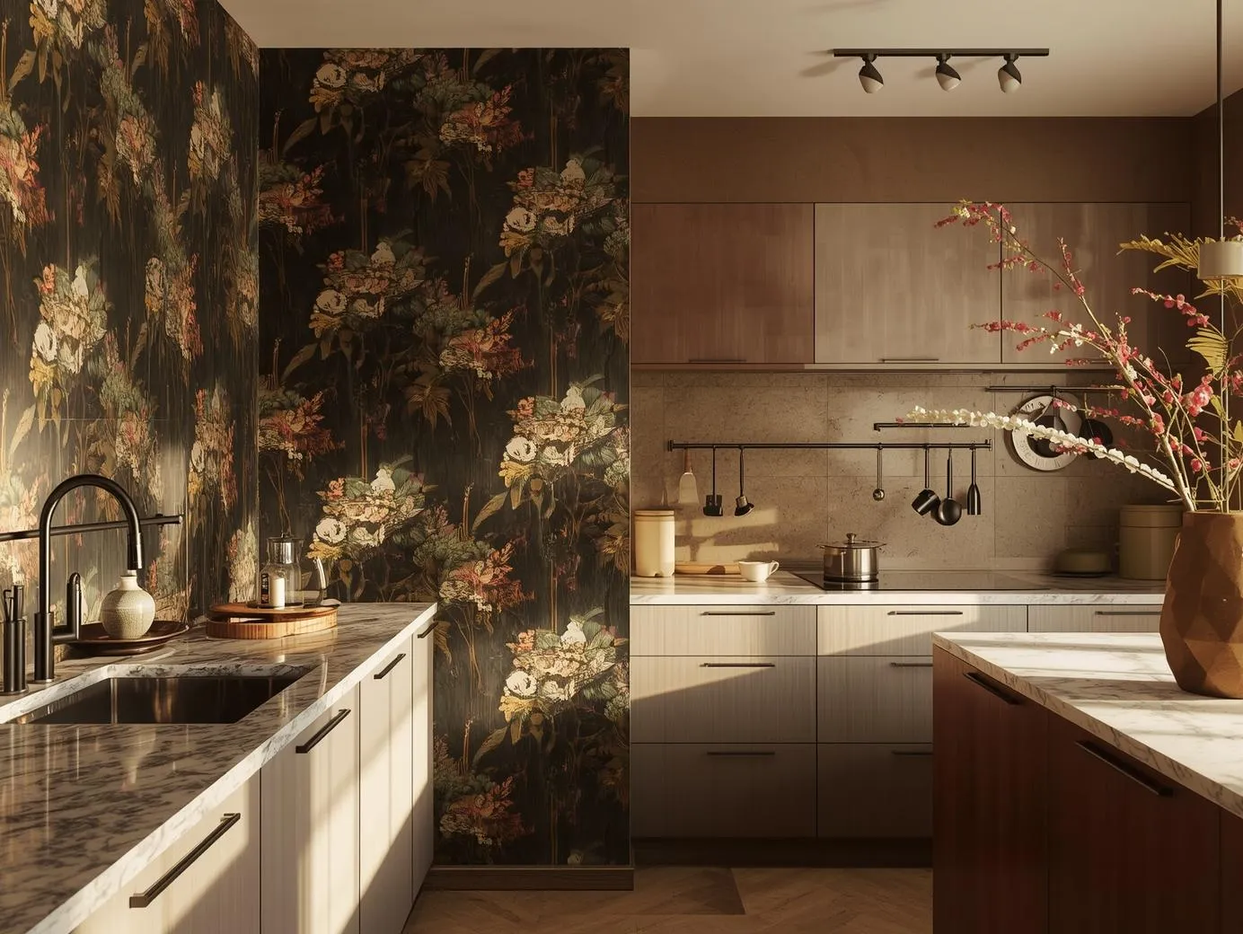 A wallpapered kitchen wall showcasing maximalist kitchen ideas