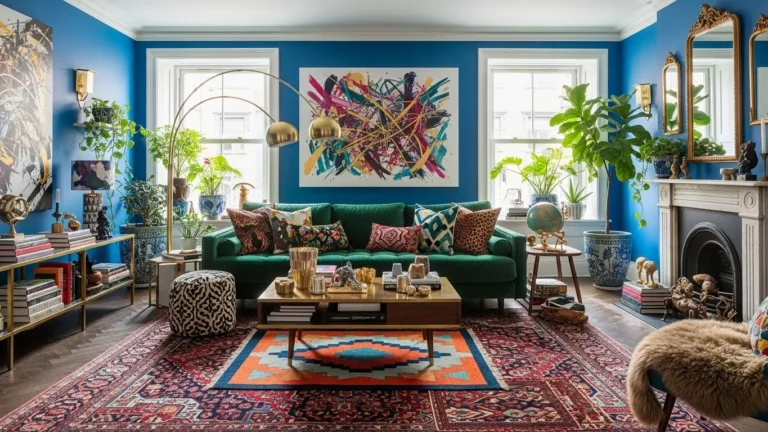 Maximalist living room ideas with bold colors, layered textures, statement furniture, and expressive home decor