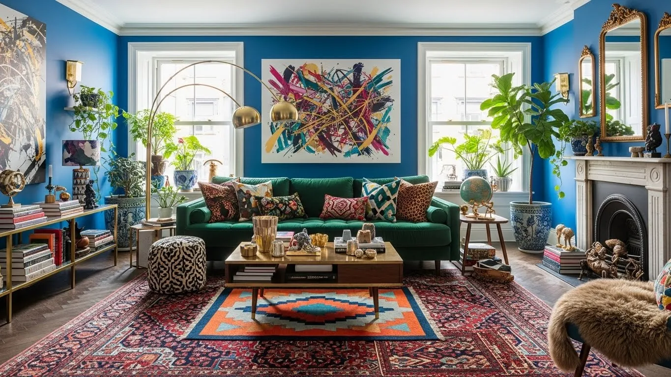Maximalist living room ideas with bold colors, layered textures, statement furniture, and expressive home decor