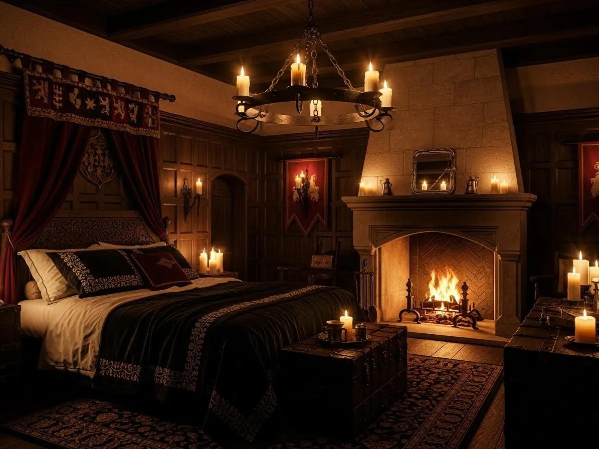 Medieval bedroom with a candle-style chandelier and warm, moody lighting.