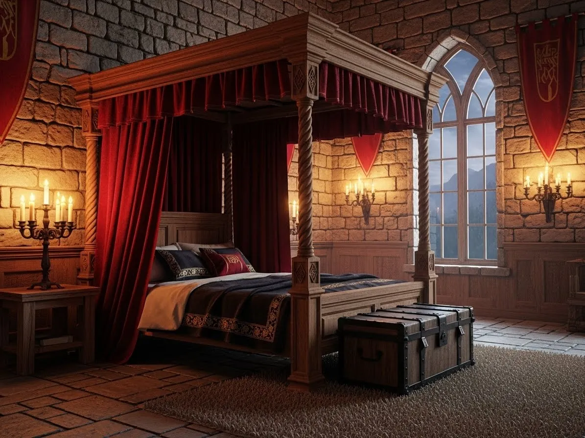 Medieval bedroom with a four-poster canopy bed and velvet drapes creating a castle-inspired look.