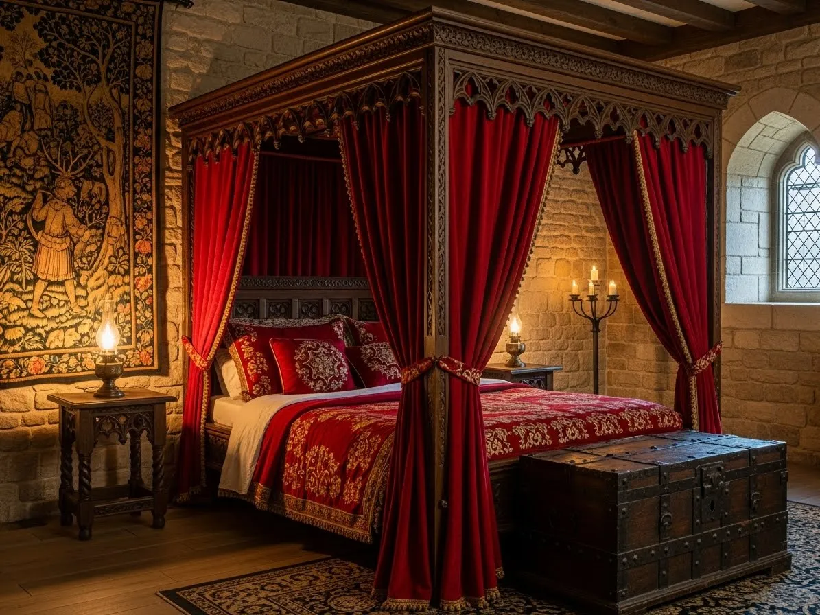 Medieval bedroom with carved wooden furniture and detailed gothic craftsmanship.