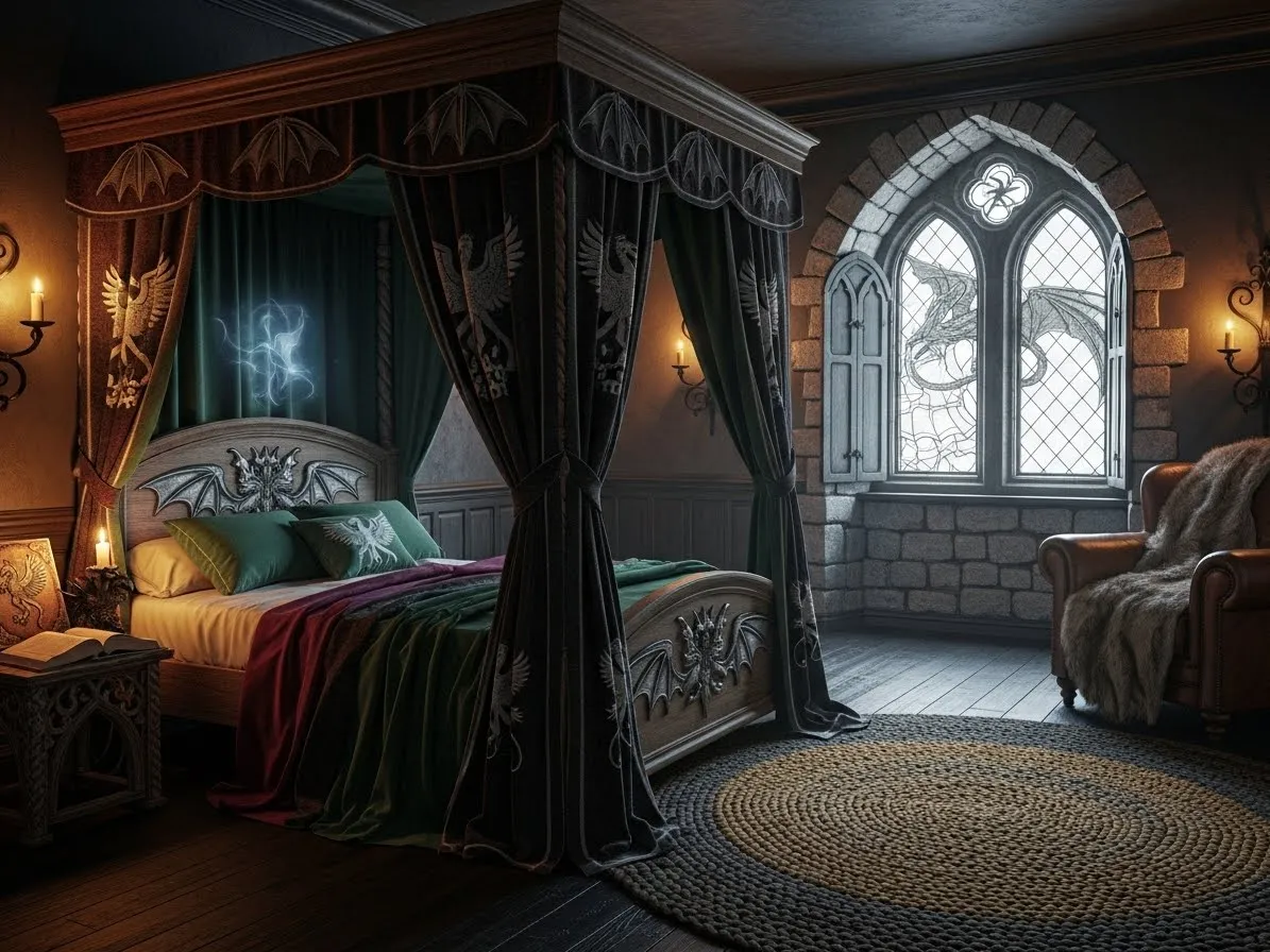 Medieval bedroom with fantasy creature decor and castle-inspired styling.