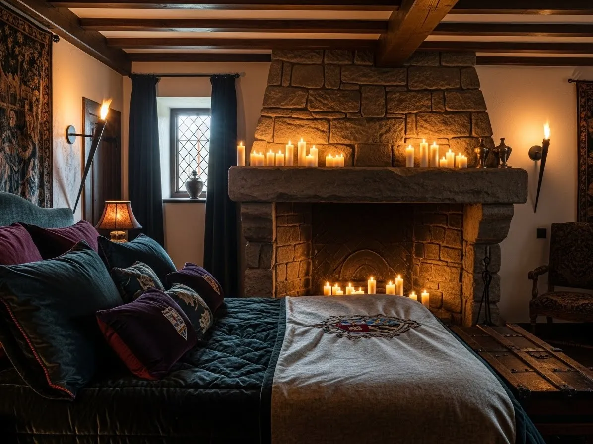 Medieval bedroom featuring a faux stone fireplace and cozy castle-inspired decor.
