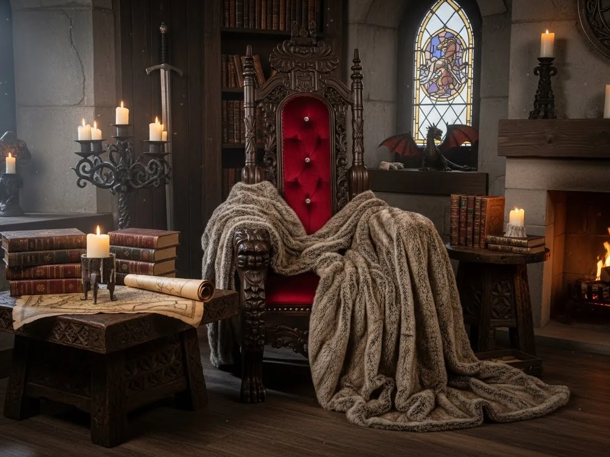 Medieval bedroom reading nook with a throne-style chair and fantasy-inspired decor.