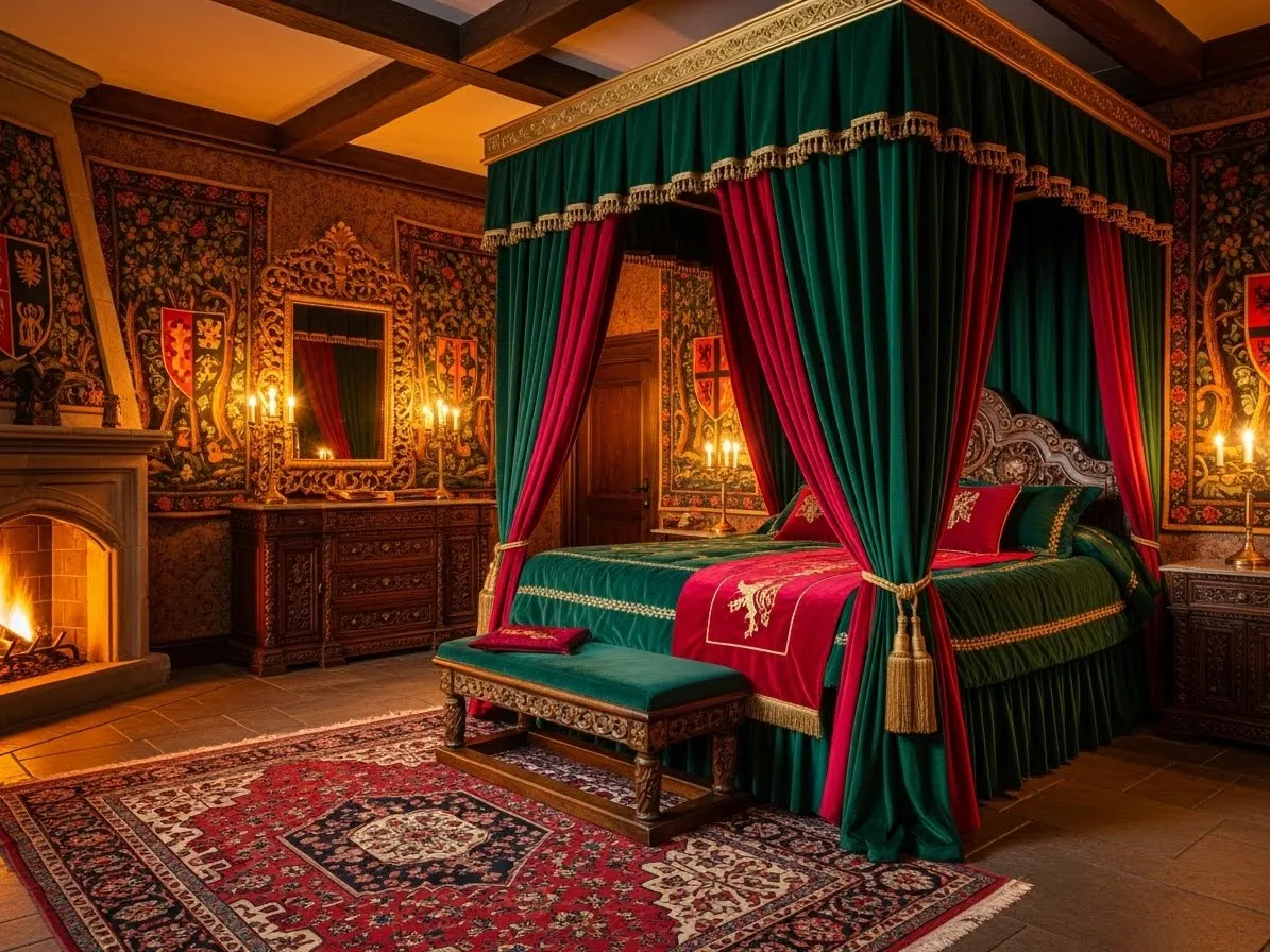 Medieval bedroom with royal color palette and gold accents for a luxurious look.