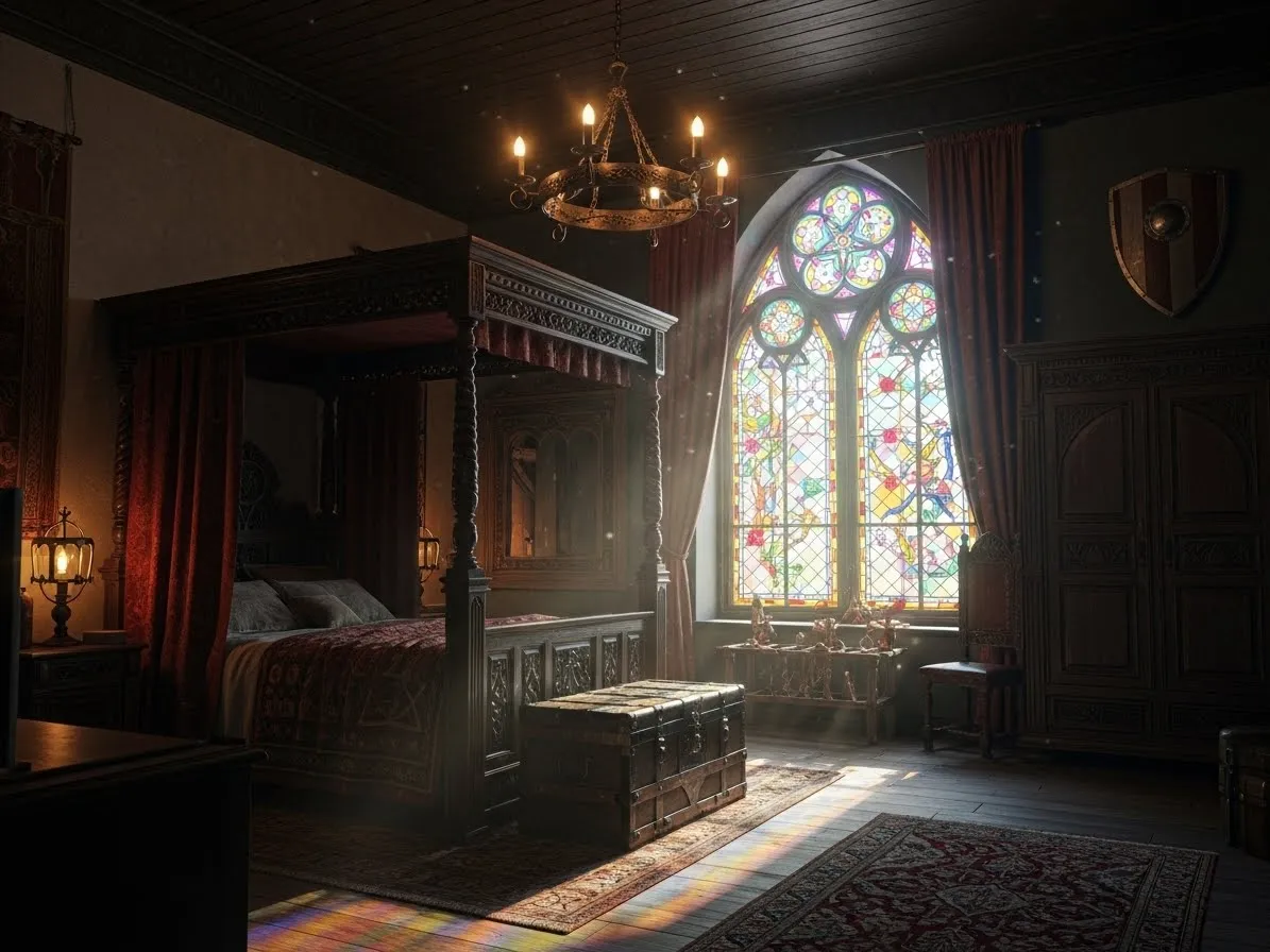 Medieval bedroom with stained glass accents and mystical old-world lighting.