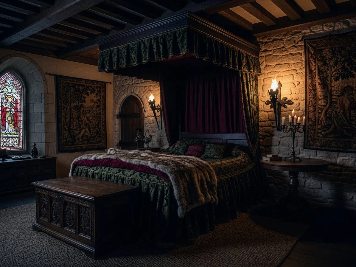 Medieval bedroom with wrought iron wall sconces and warm torch-style lighting.
