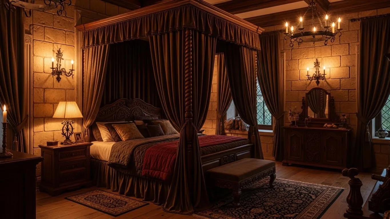 Medieval bedroom with warm candle lighting, velvet canopy bed, and rich castle-inspired decor.