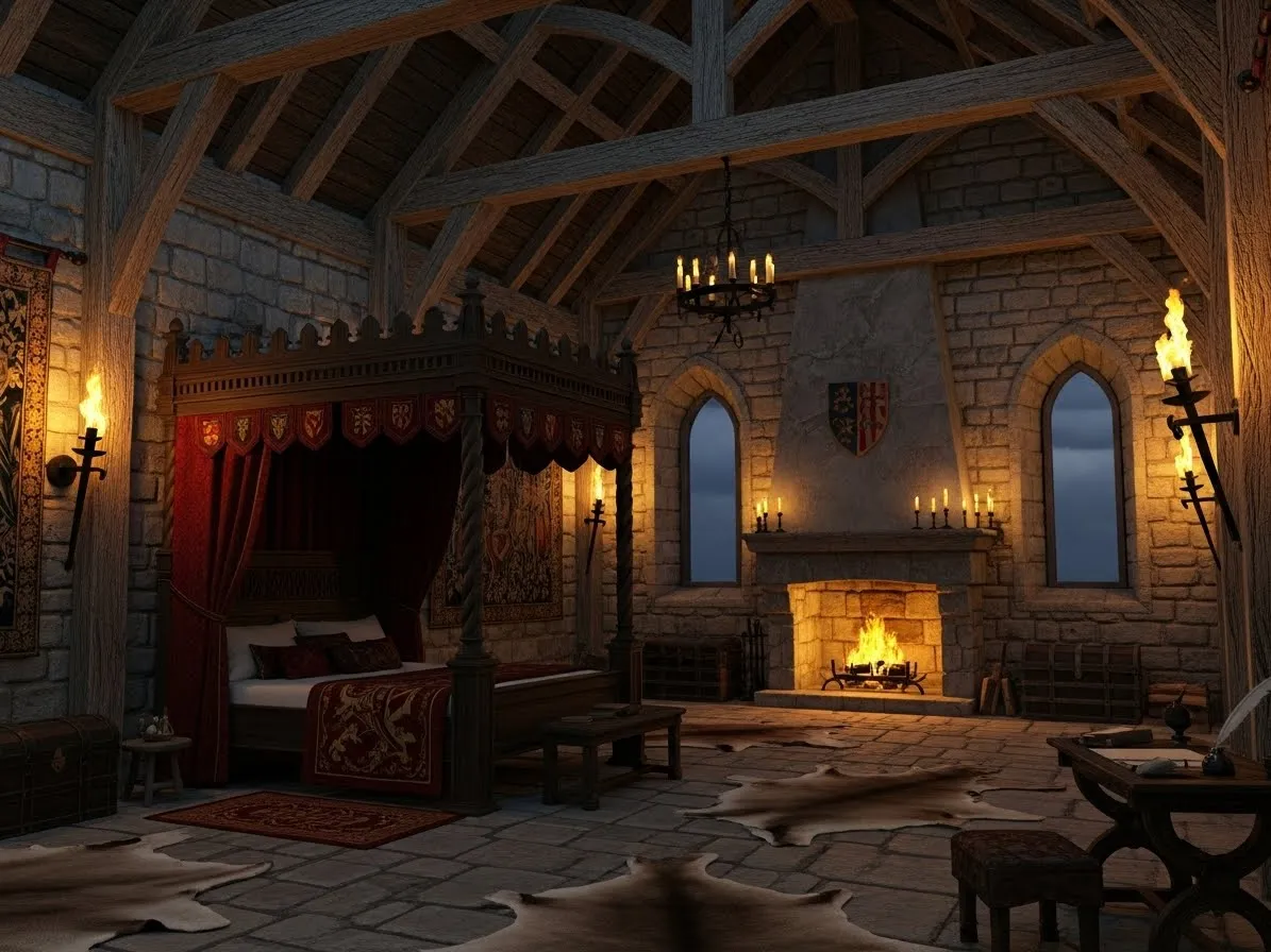 Medieval bedroom with exposed wooden beams and old-world castle charm.