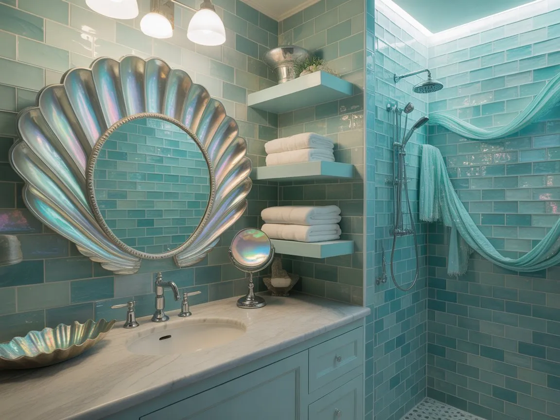Mermaid home decor in bathroom with aqua tiles and shell-shaped mirror
