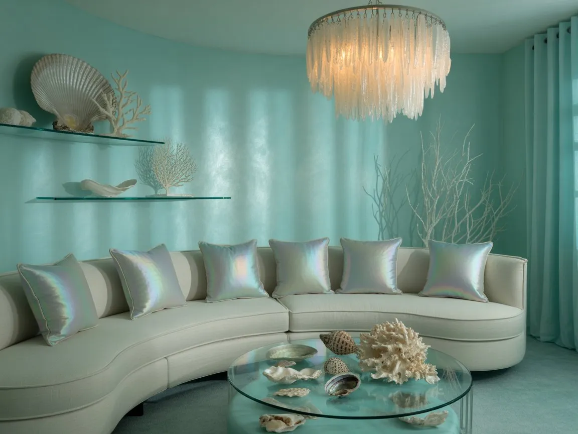 Mermaid home decor living room with aqua accents and coastal-inspired accessories