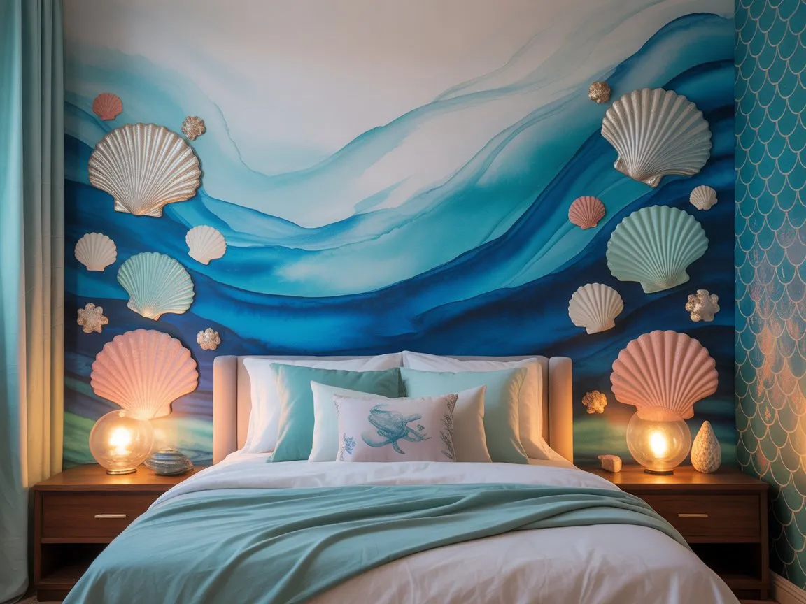 Mermaid home decor wall art and murals in ocean-inspired colors