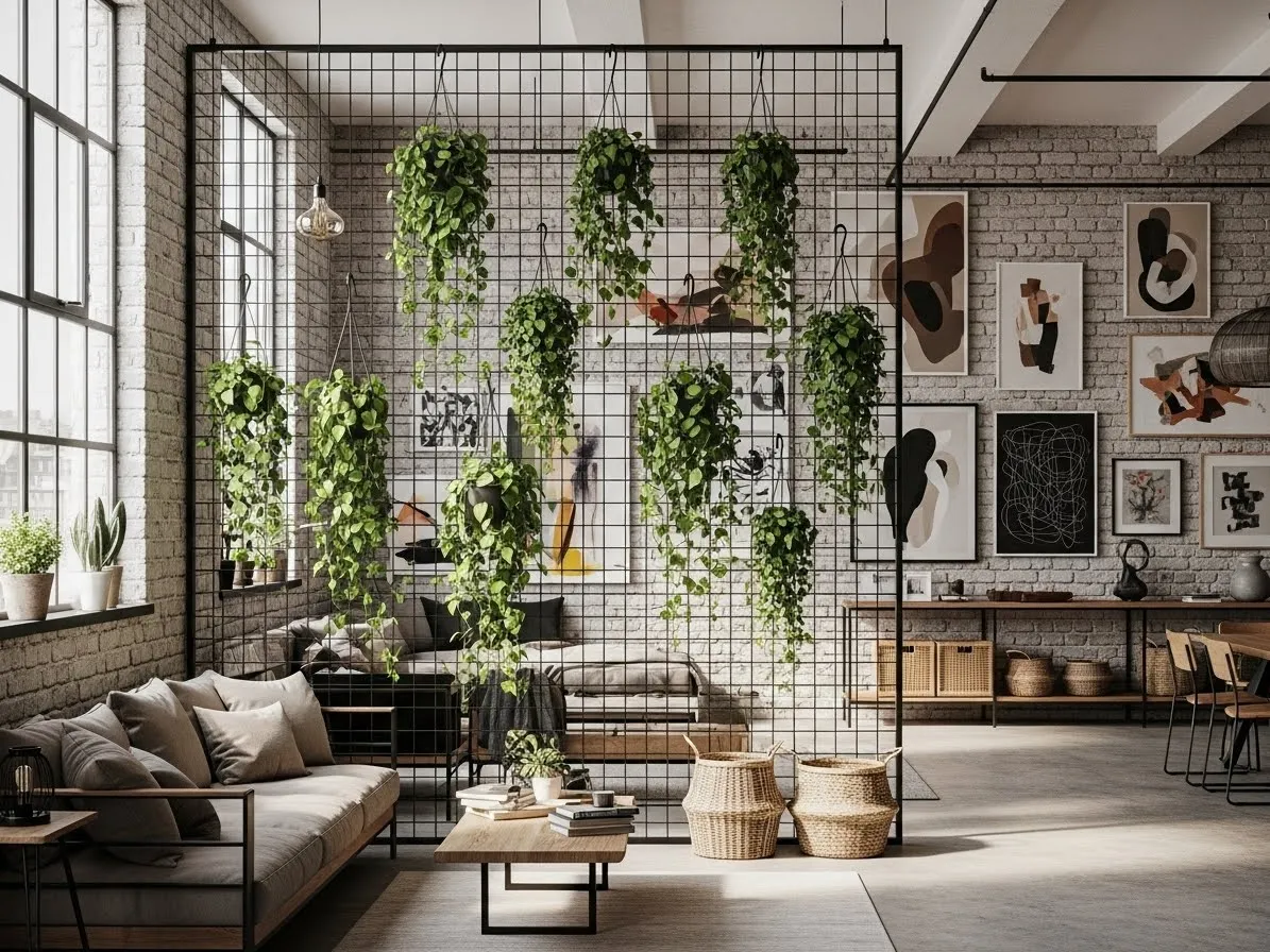 Metal grid wall partition used for hanging plants and décor in a modern loft