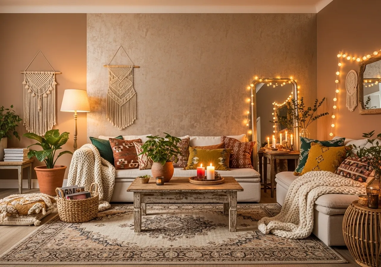 Boho living room with metallic accent wallpaper and layered textures