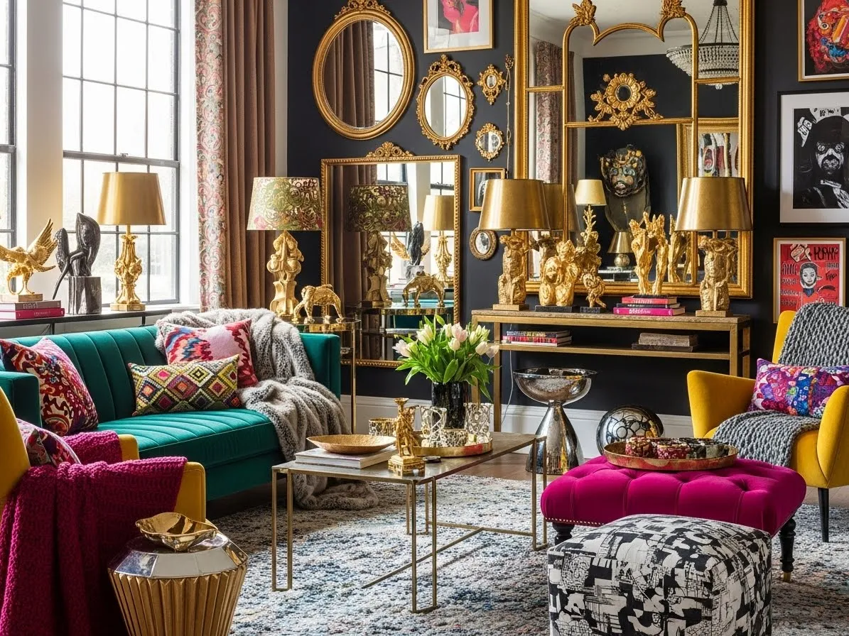 Maximalist living room decor with gold and brass metallic accents and bold stylingImage Prompt: