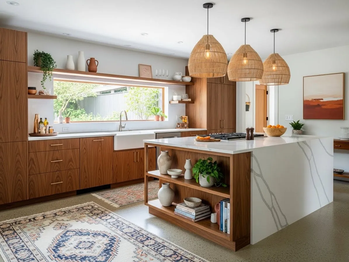 Boho kitchen ideas with mid-century modern furniture and warm natural textures.