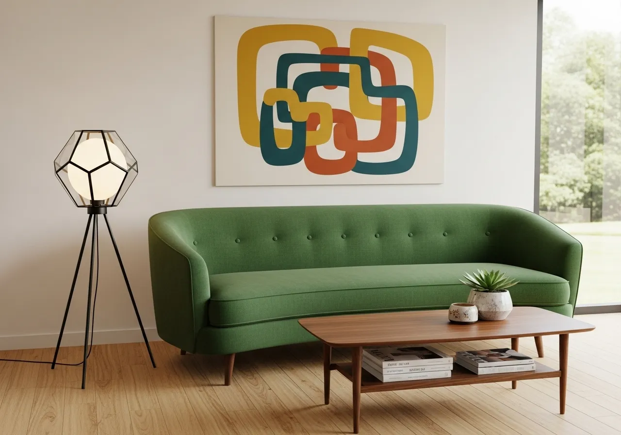 Mid-century modern living-room-with-green-sofa with retro furniture