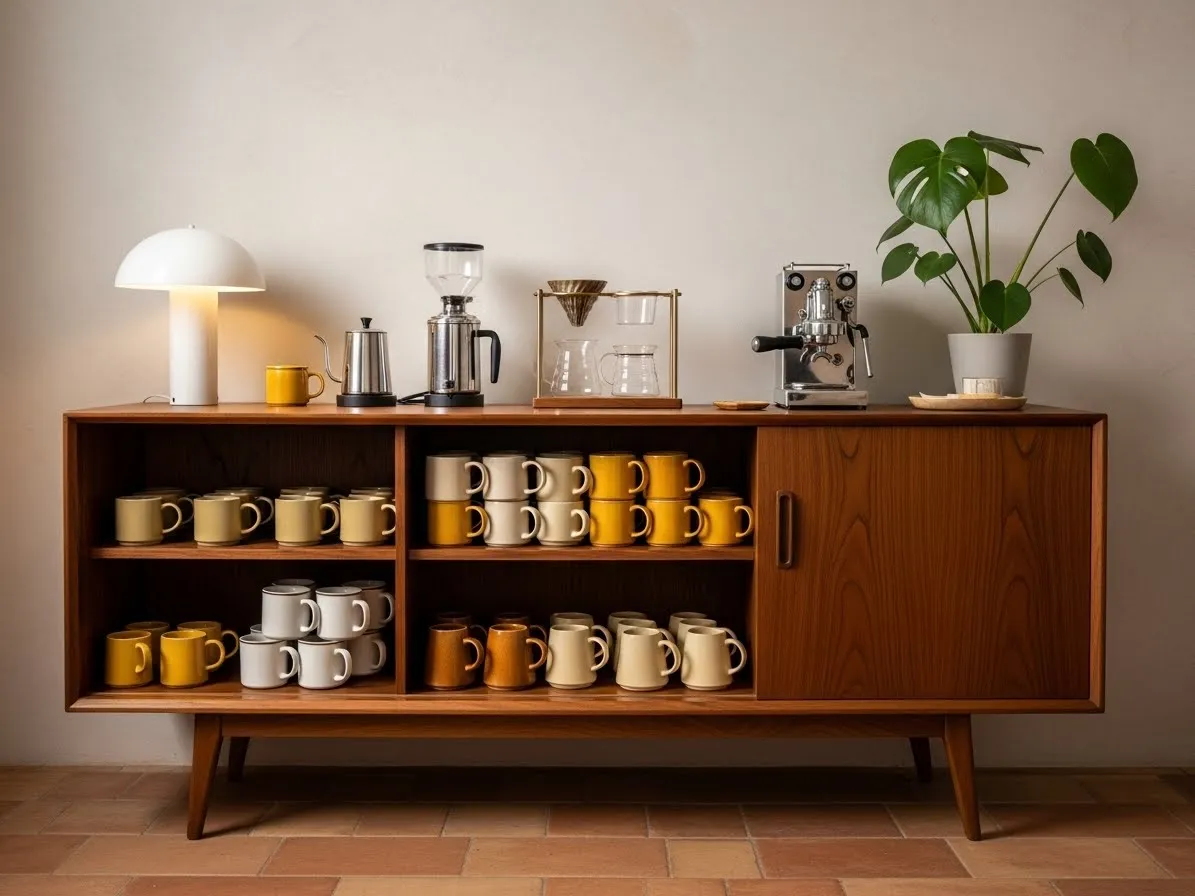 Mid-century modern coffee bar with wood cabinet and retro styling