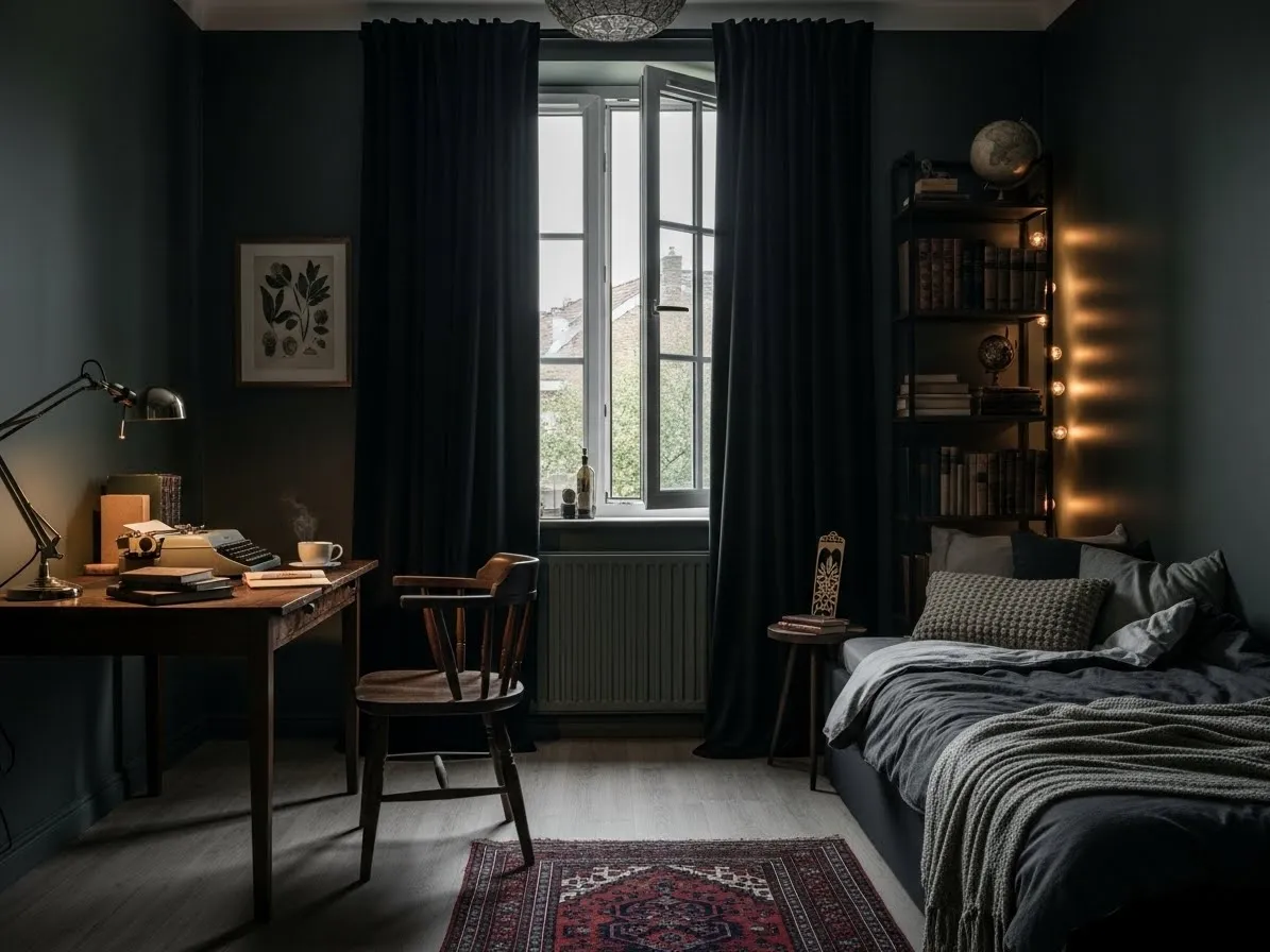 Minimal yet meaningful decor in a dark academia bedroom